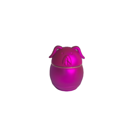 Front view of multiple 62mm 4-Piece Dog Shape Metal Grinders in pink metallic color. This premium 4-part novelty herb grinder features a unique dog design, sharp diamond-cut teeth, and a built-in kief catcher for a superior grinding experience.