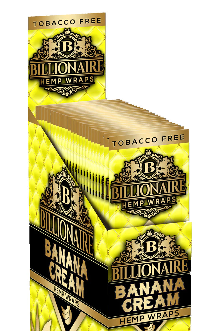 angle view of the display box for Billionaire banana Cream hemp wraps. A premium wrap for smoking.