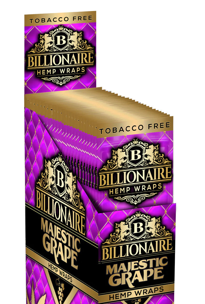 front view of the purple Majestic Grape flavor hemp wraps display box by Billionaire.
