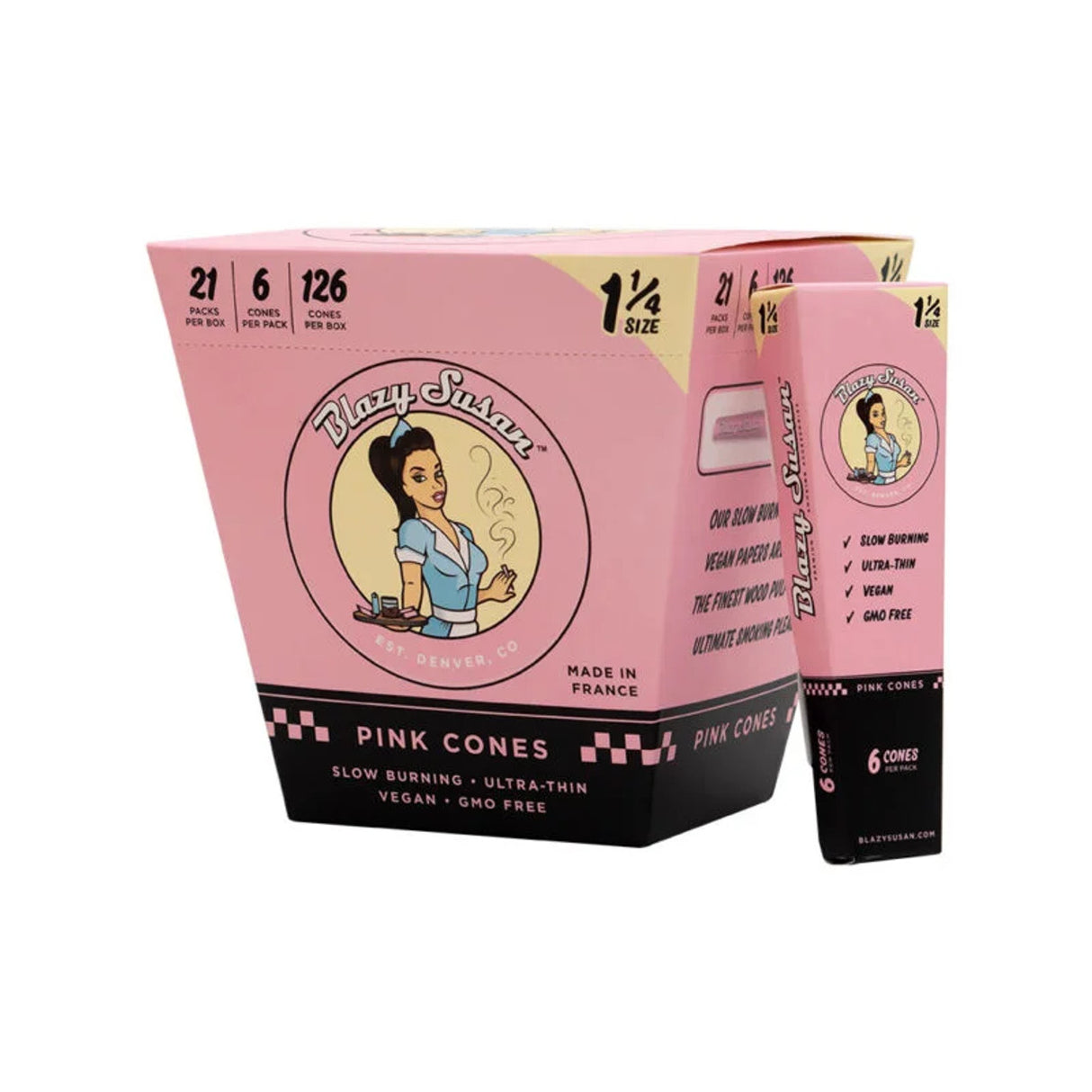 front view of the blazy susan bulk cones box. Famous pink cones made from high quality chlorine free paper in the 1 1/4 size.