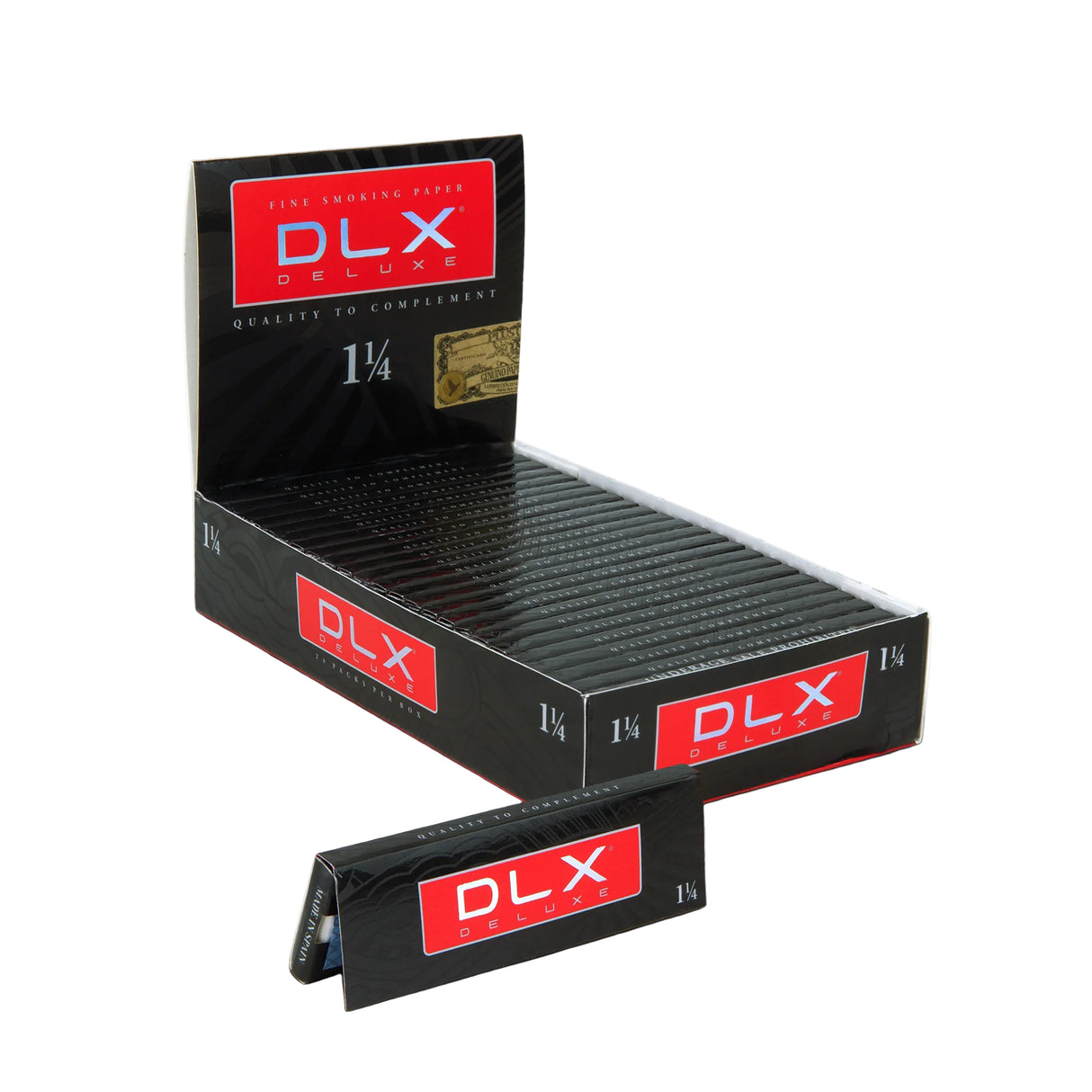 front view of the DLX Deluxe 1 1/4 size rolling papers. A paper designed for a slower burn for more moister botanicals.