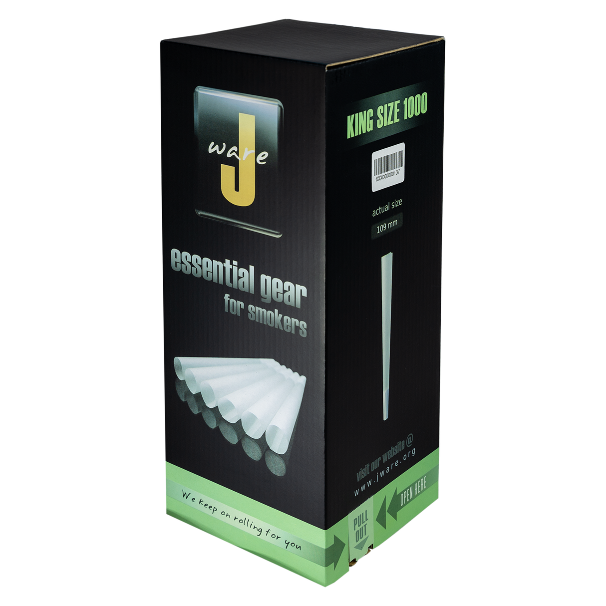 front view of the Jware King size pre roll cones 800 count production box. The perfect size for those producing large quantities and wanting to save on bulk.