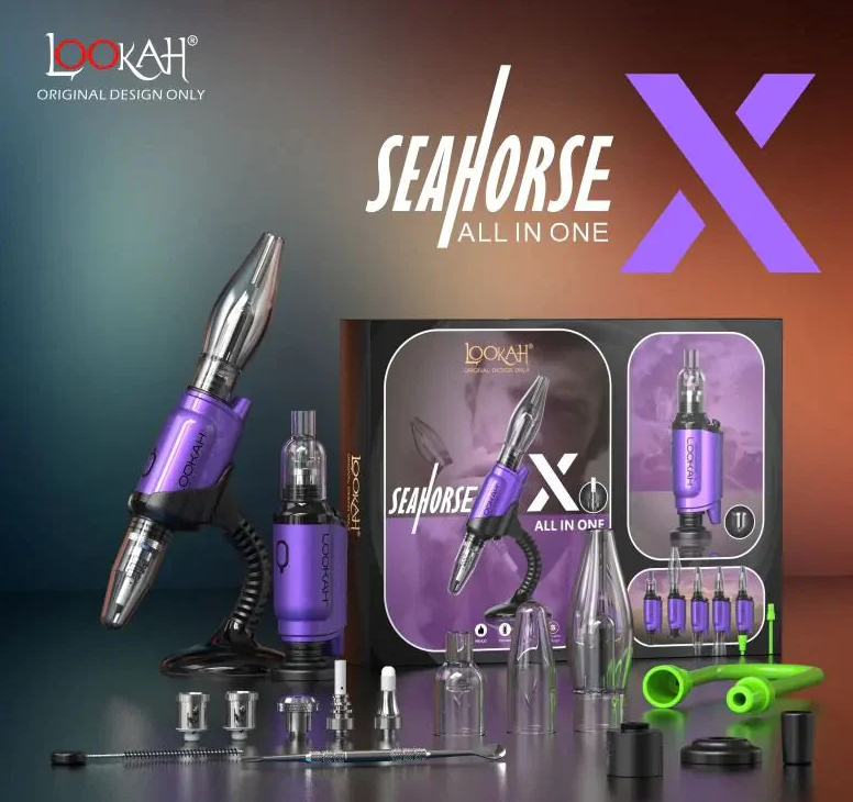 full product view of the Lookah Seahorse X in purple. A multi use vaporizer that allows use as a concentrate vaporizer, concentrate straw, oil vaporizer, and e-nail. Made with a powerful battery for long term use.