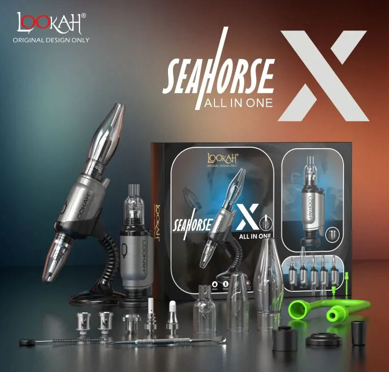 full product view of the Lookah Seahorse X in grey. A multi use vaporizer that allows use as a concentrate vaporizer, concentrate straw, oil vaporizer, and e-nail. Made with a powerful battery for long term use.