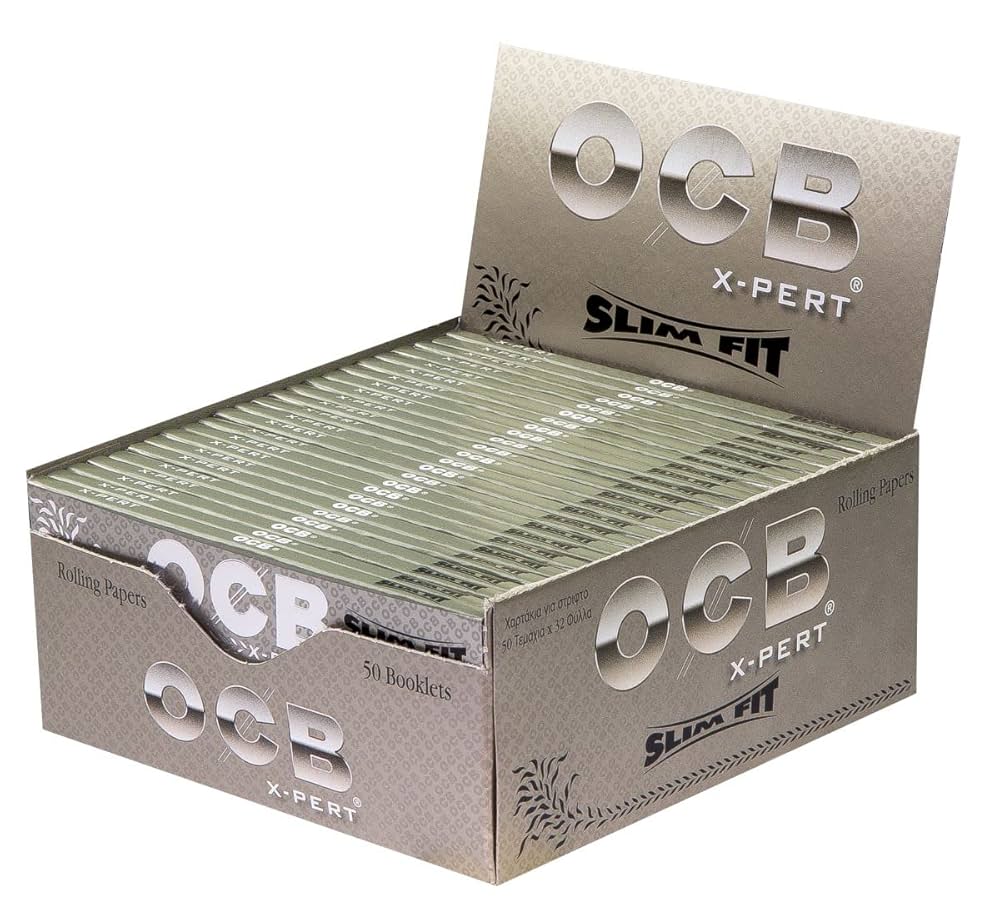 angled view of OCB X pert slim fit rolling papers. A high quality rolling paper product for smoking.