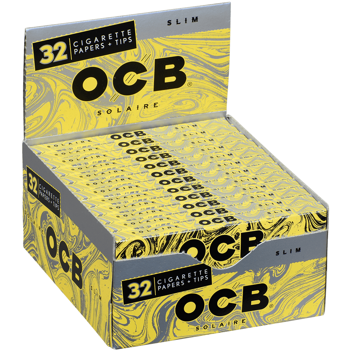 angle view of the OCB Solaire slim papers. Light weight tasteless papers made of natural materials for a premium elevated experience.