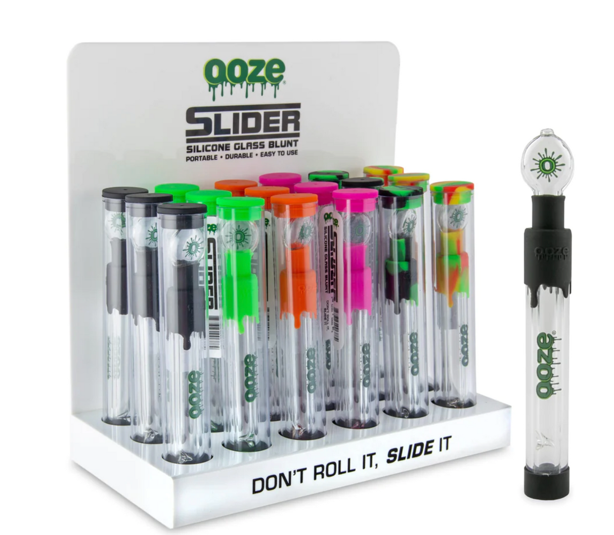 side view of the ooze slider glass blunt display with an assembled blunt. A simple and popular item for smokers.