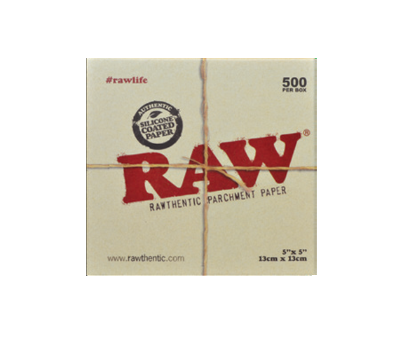 front view of the RAW parchment 5x5 500count pack. A natural product for those who need quantity.