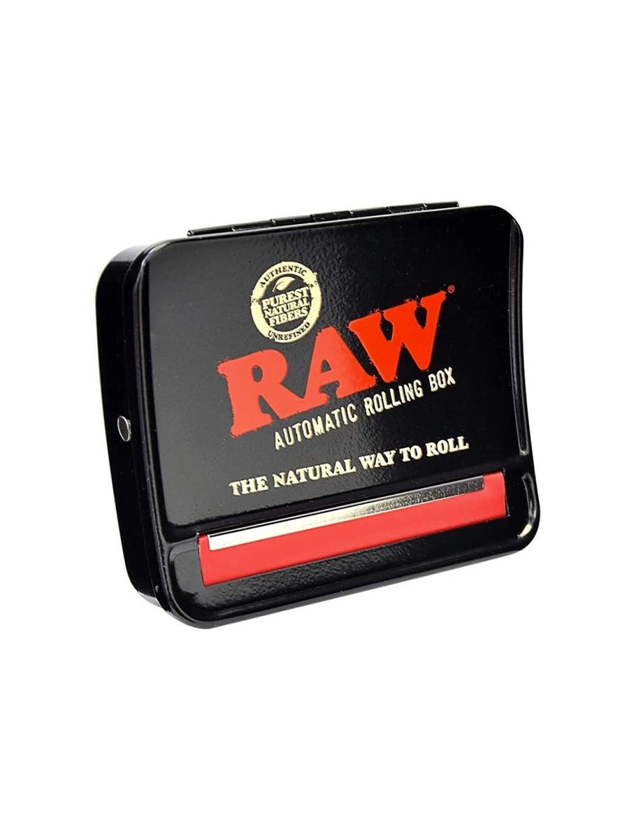 side view of the RAW Rawtomatic rolling box. A metal rolling machine for easy loading and is adjustable for skinny and thick cones.