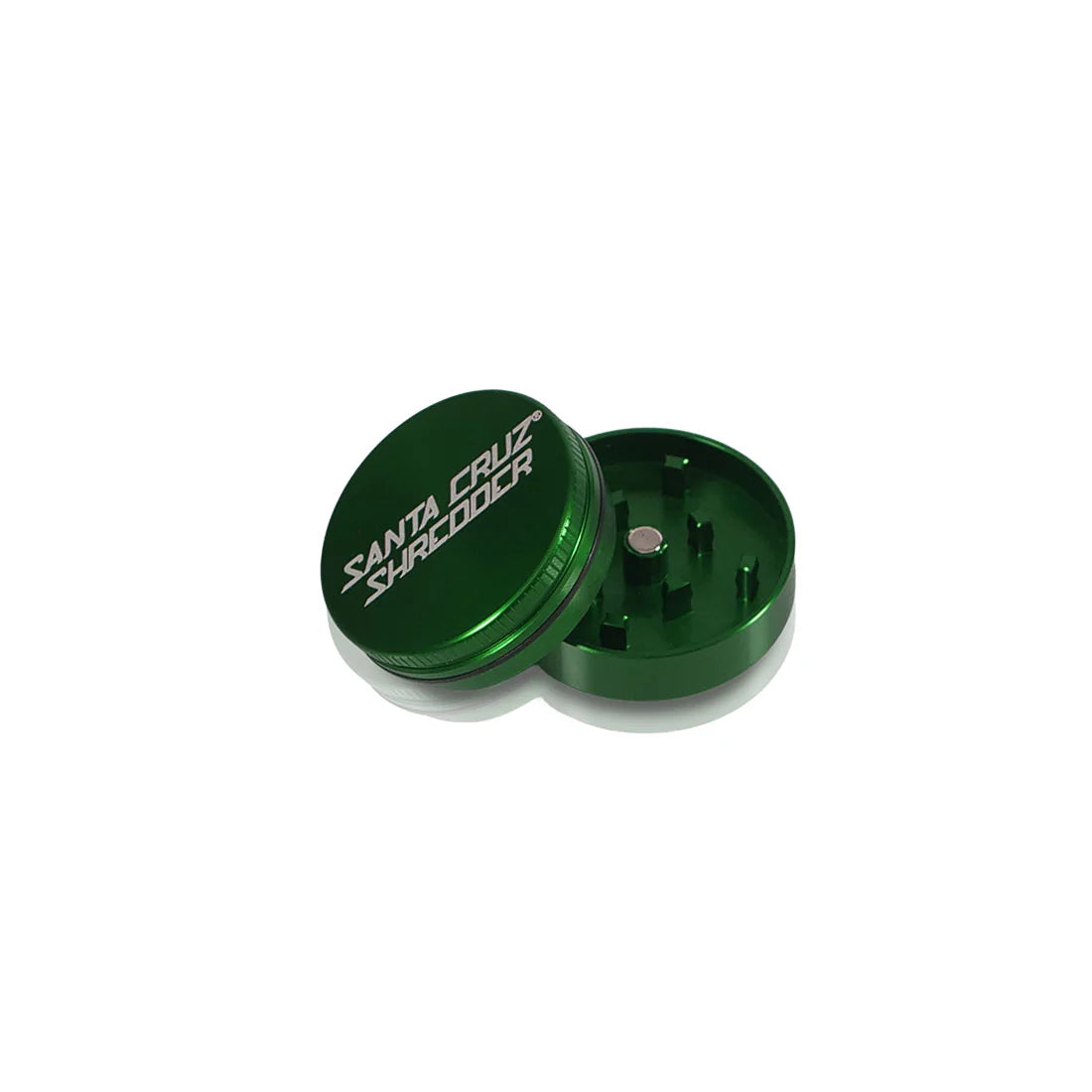 exploded view of the 2 Piece Santa Cruz shredder grinder in Emerald Green. A high quality product with weight and durability for the serious herb grinder.