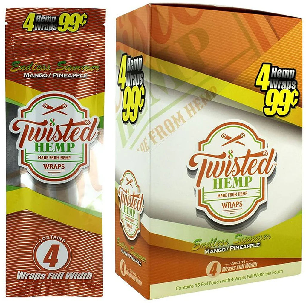 front view of the twisted hemp organic wraps display box. An organic option for those who want flavorful smoking experience. Made with natural hemp with a mango and pineapple flavoring.