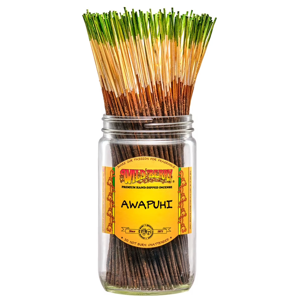 front view of Wild Berry Awapuhi incense. A hand dipped incense with crisp, and zesty ginger with sweet and tropical blossoms. giving a refreshing and sophisticated aroma profile.