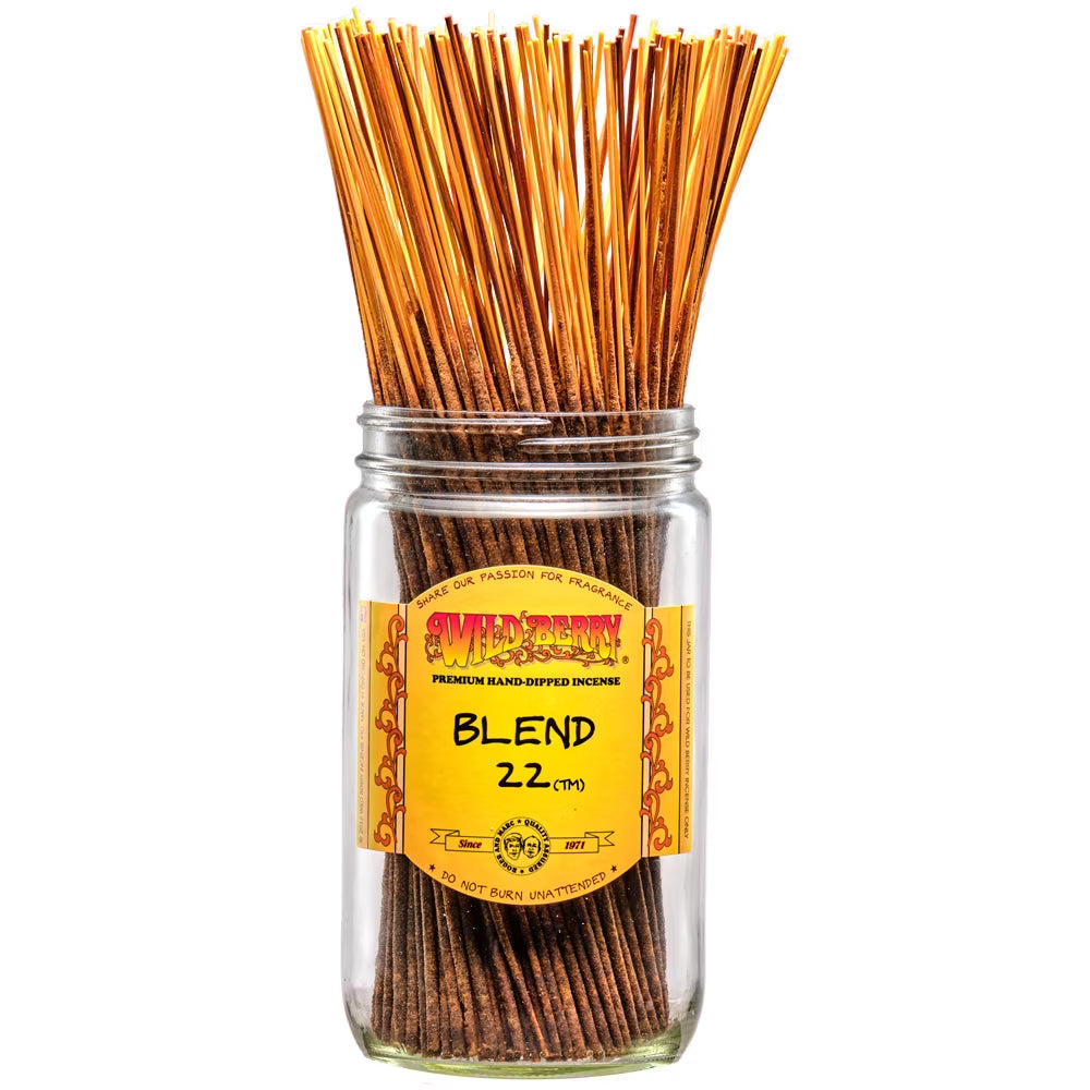 front view of the Wild berry Blend 22 incense stick 100 count pack. a fruity floral blend incense that is world famous.