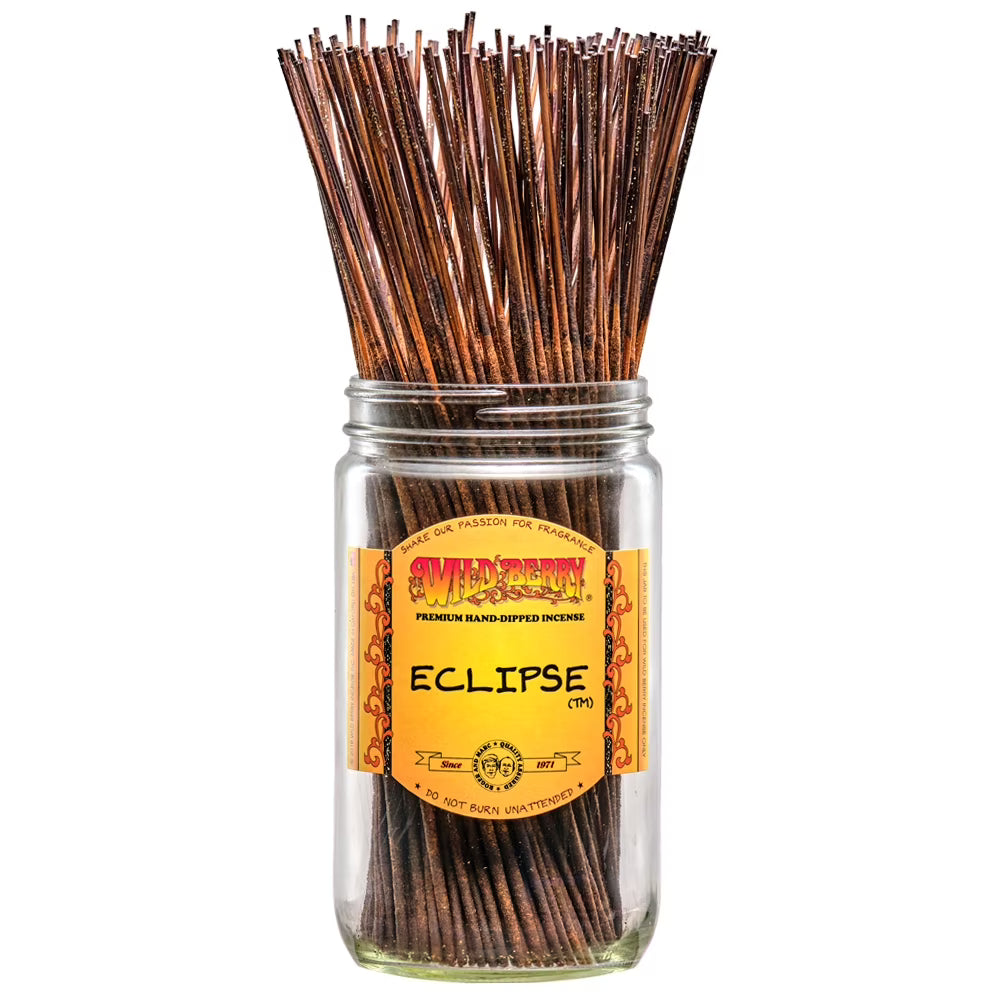Front view of Wild Berry Eclipse incense. Giving a bold essence of sandalwood, and patchouli. A premium incense stick bundle.