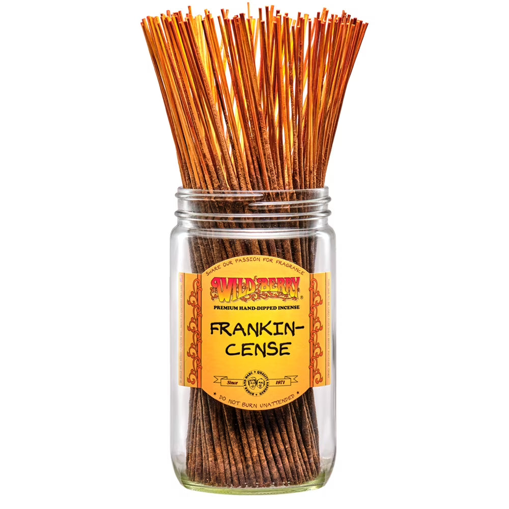 a front view of the wild berry Frankincense incense 100 count jar. A aroma that is slightly spicy giving traditional undertones.
