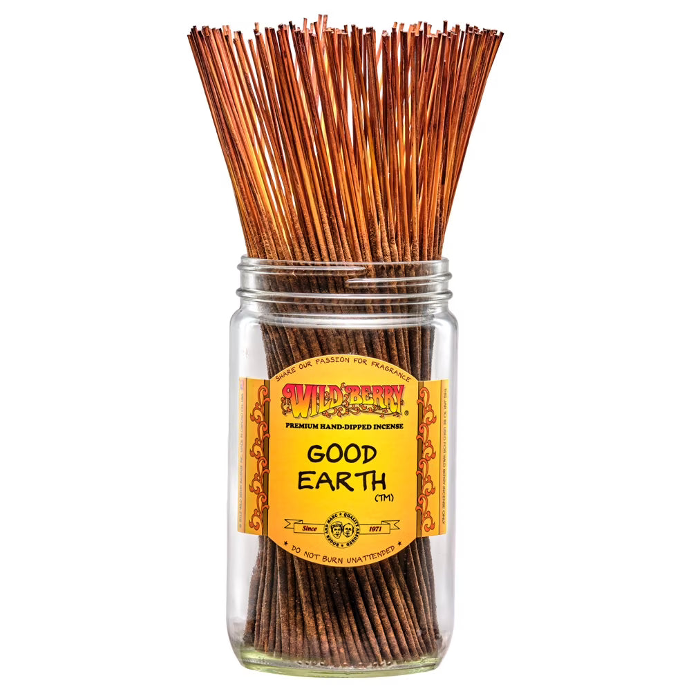 front view of wild berry good earth incense. A premium hand dipped incense with earthy and citrus aromas.