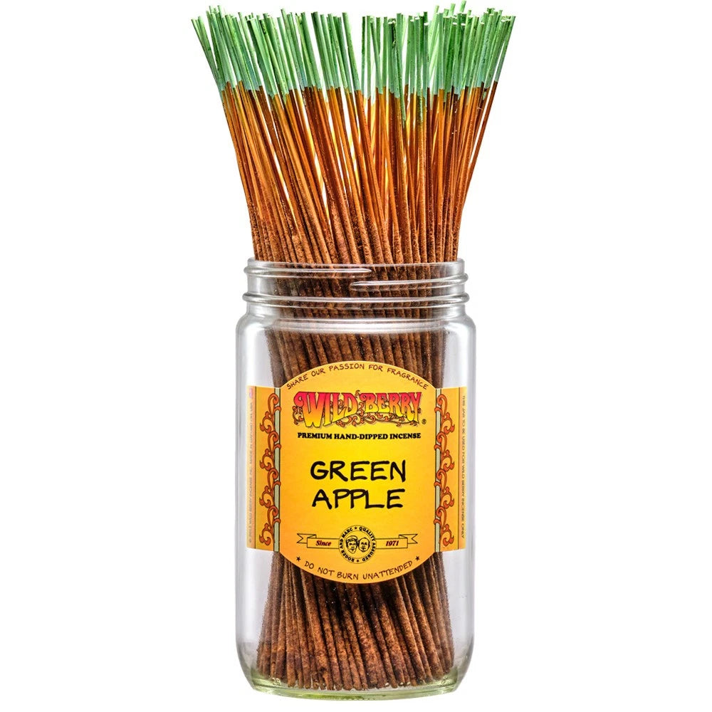 view of wild berry green apple incense 100 count jar. An aroma bringing a tart, crisp, and refreshing smell of green apple.