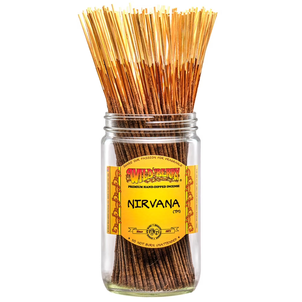 front view of wild berry Nirvana incense sticks. Giving calming and exotic aromas. with sandalwood, patchouli and exotic flowers with vanilla.