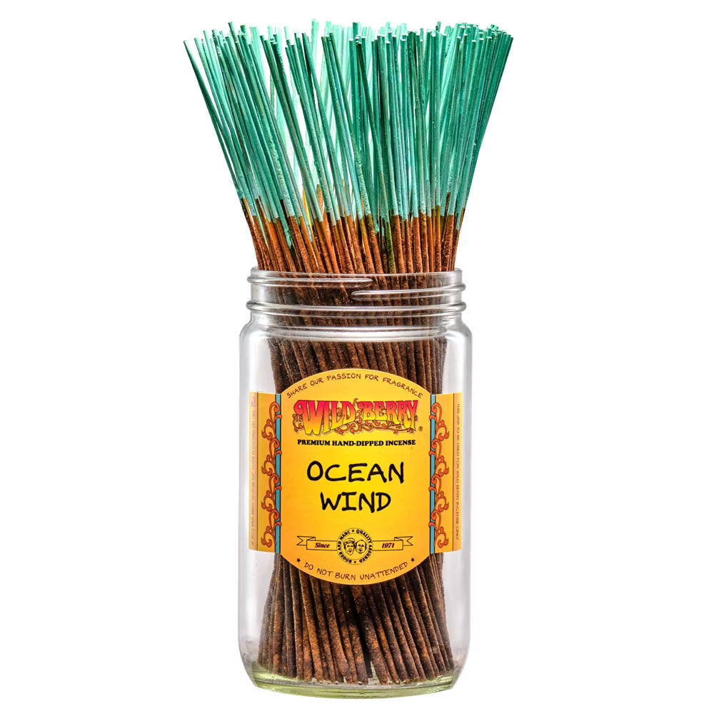 view of the Ocean wind Incense stick by Wild berry. A hand dipped product that gives a refreshing and light fragrance similar to those found on the open ocean.