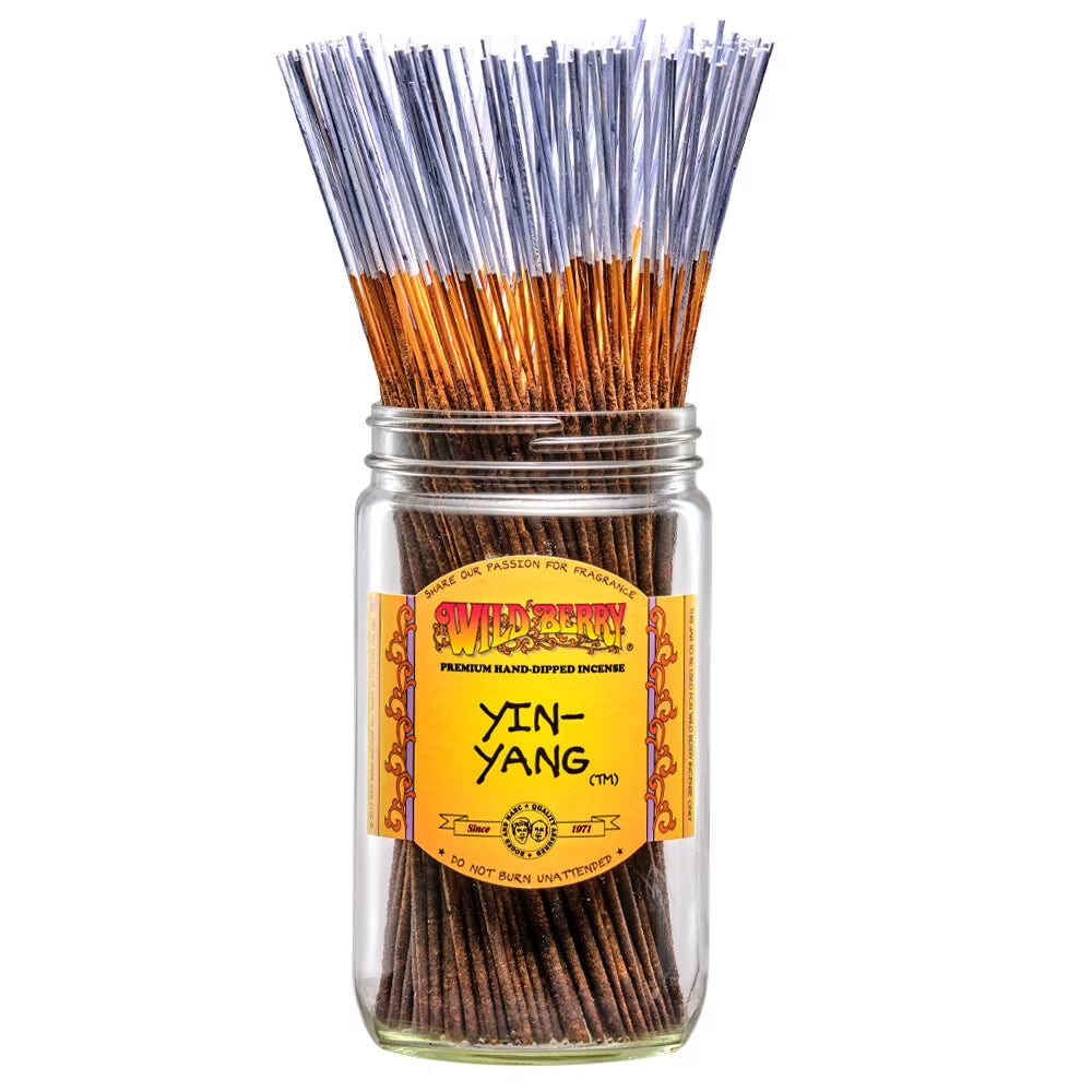 front view of the 100 count Wild berry Yin Yang Incense sticks. hand and double dipped this balanced aroma product is made with care from Wild Berry.