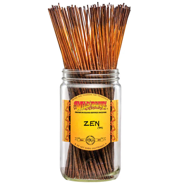 front view of the wild berry zen incense. Giving delicate notes of light florals, smooth sandalwood, and sweet musk for a relaxing and subtle experience.