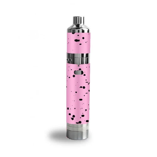 front view of the Yocan Evolve Plus XL in a pink black splatter. A premium Yocan wax vaporizer with the features of a full dabbing station that fits in your palm.