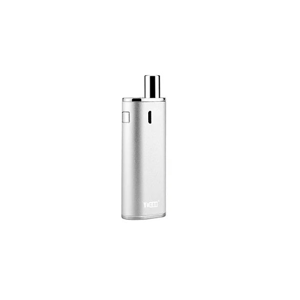 Front view of the silver Yocan Hive cartridge battery made in a brush aluminum body.