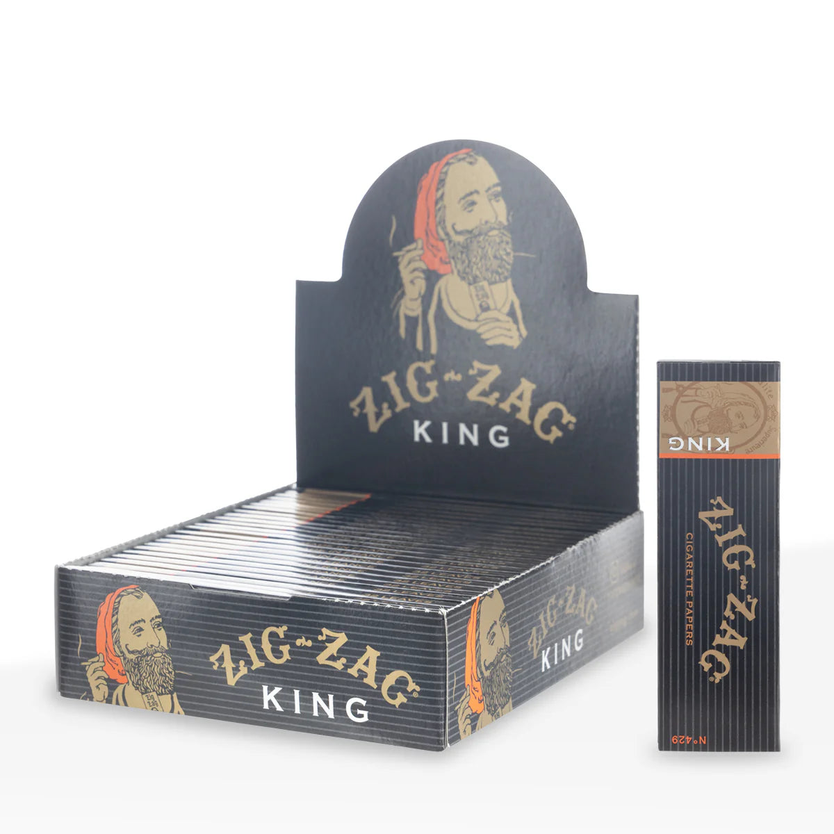 front view of zig zag king size rolling papers box. A reliable and classic option for smoking.