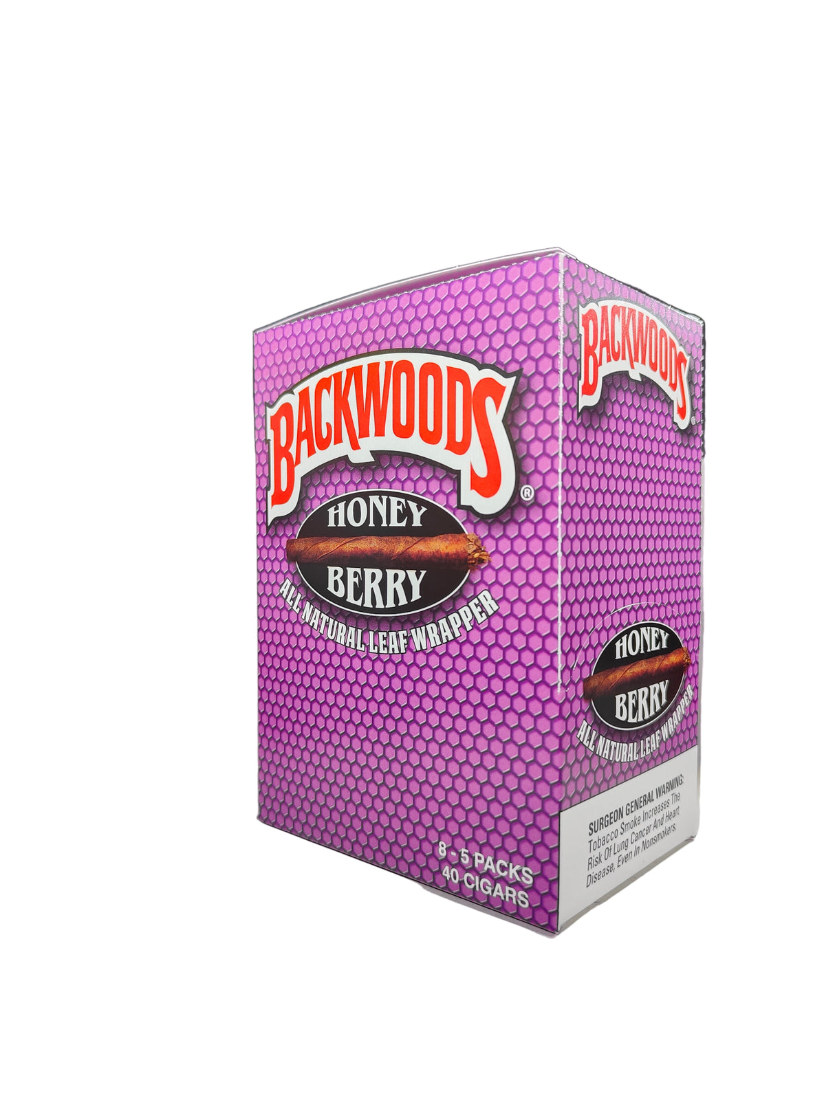 Front view of the Backwoods Honey Berry box in rich purple. These authentic natural leaf cigars come in a wholesale 8-count box of 5-packs, perfect for stocking retail displays.