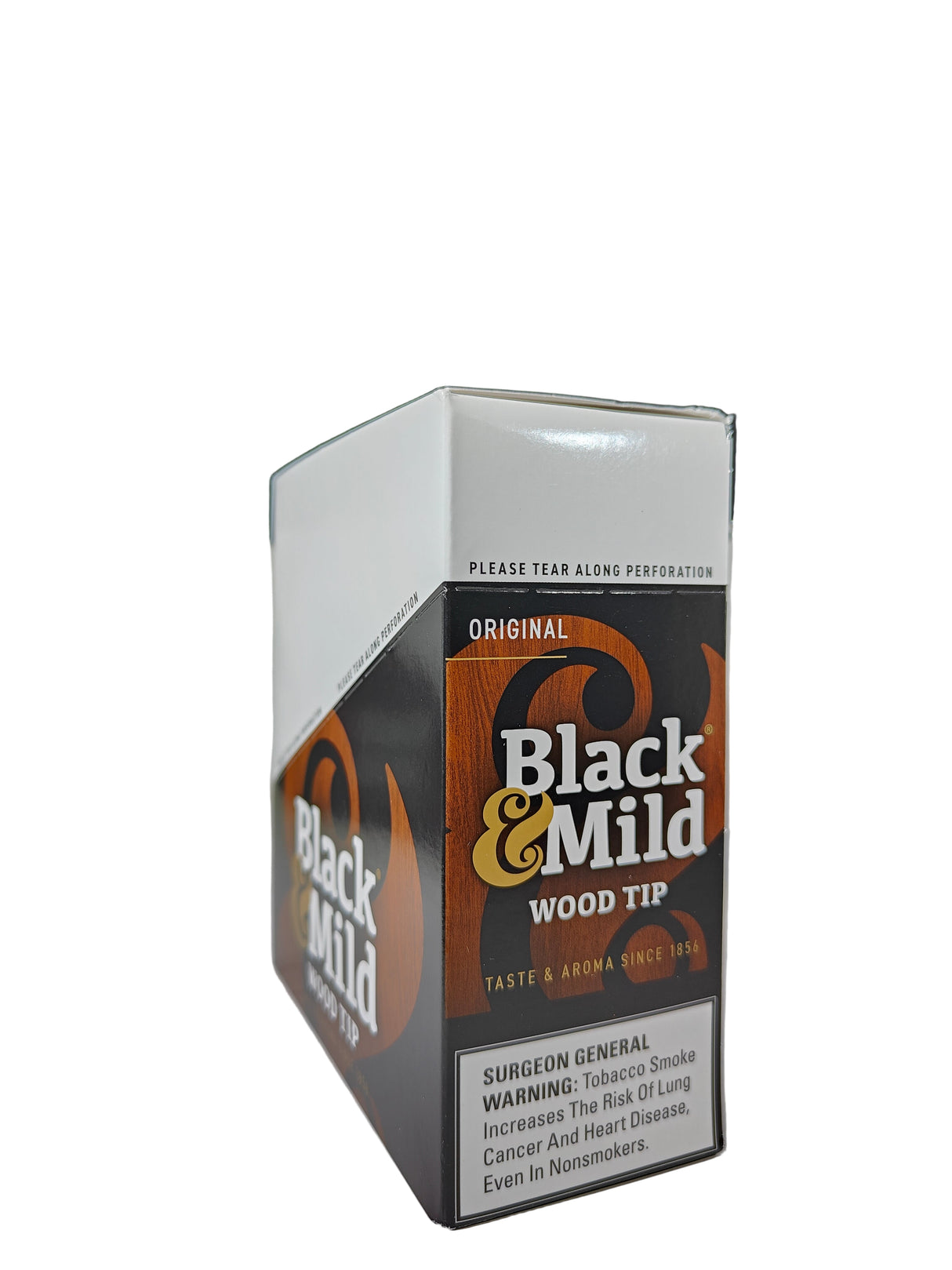 Front view of the Black and Mild Original Wood Tip cigarillos box in tan and dark brown. These popular machine-made pipe tobacco cigarillos come in a wholesale 10-count box of 5-packs, perfect for retail counter displays.
