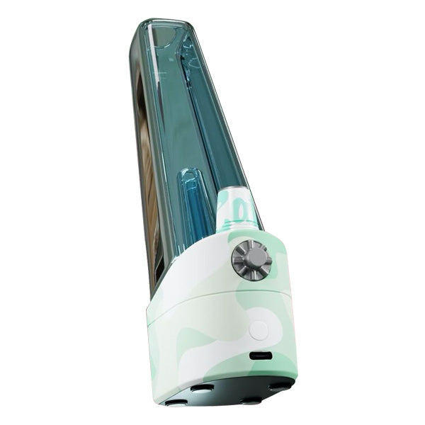 Front view of the Cake Glow Dab Rig in green camo. This versatile desktop vape rig includes a built-in, removable silicone reclaim tray at the base to catch residue and simplify your cleaning process.