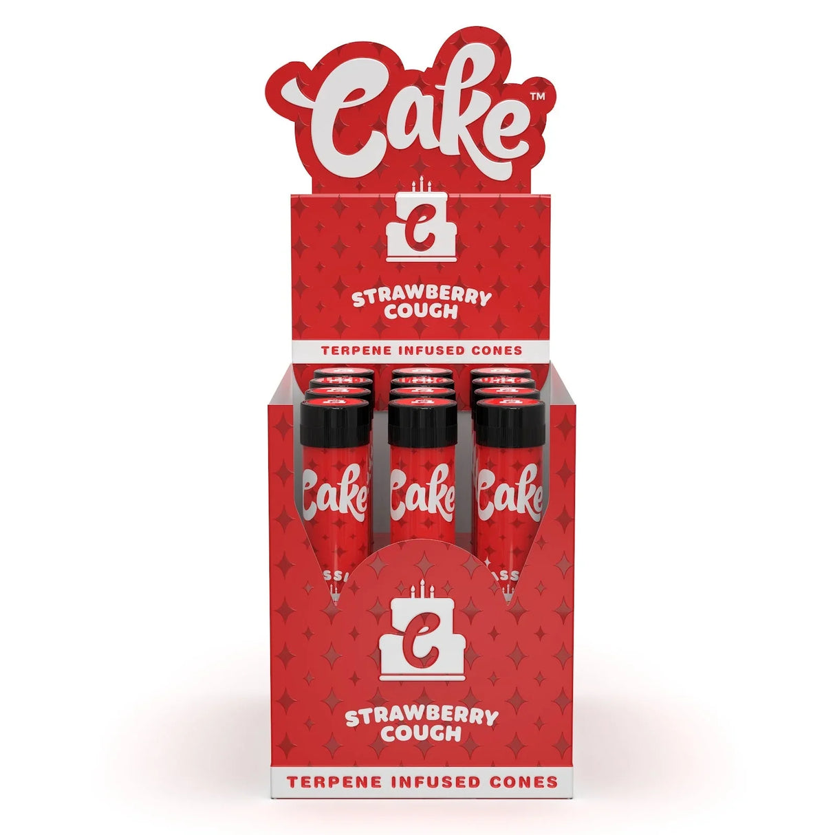 Front view of the Cake Terpene Infused Cones 12-count display carton in the pink and red Strawberry Cough flavor. These ultra-thin pre-rolled paper wraps are physically saturated with natural botanical terpenes to introduce specific aromas and are housed inside rigid glass tubes.
