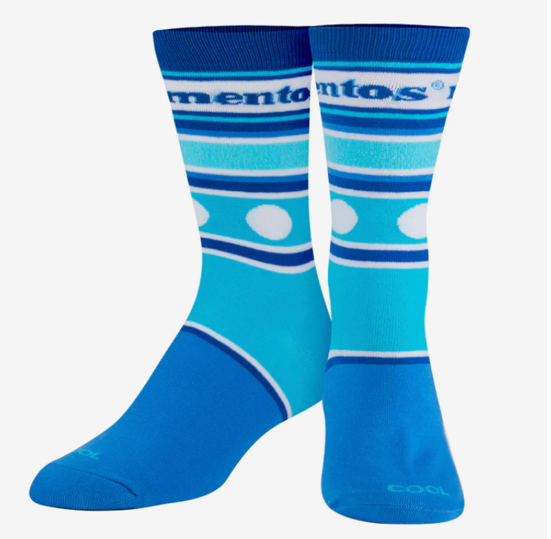 Overhead flat lay view of the Crazy Socks Mentos Men's Crew socks in signature blue and white stripes. These novelty crew socks feature the classic Mentos logo and are built with moisture-wicking technology to keep feet cool and dry.