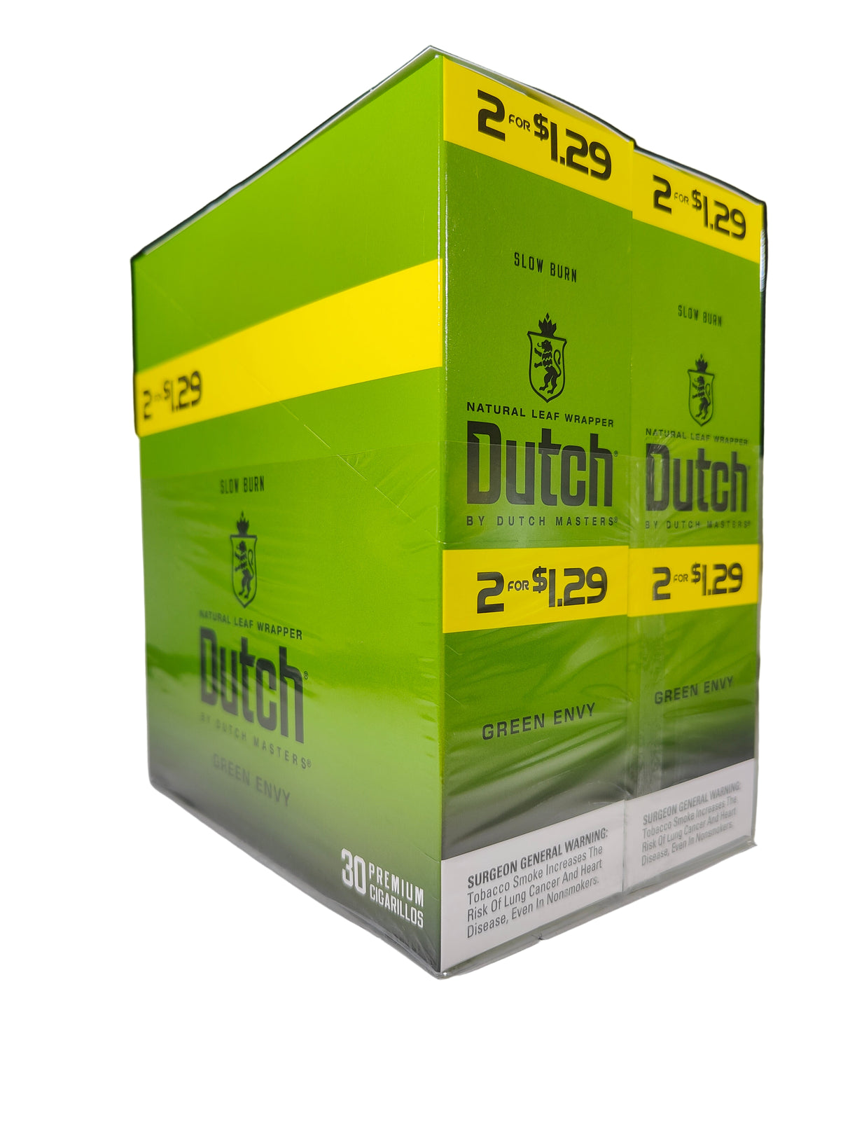 Front view of the Dutch Masters Green Envy cigarillos box in bright green and brown. These slow-burning natural leaf cigarillos come in a wholesale 15-count box of 2-packs, ideal for retail counter displays.
