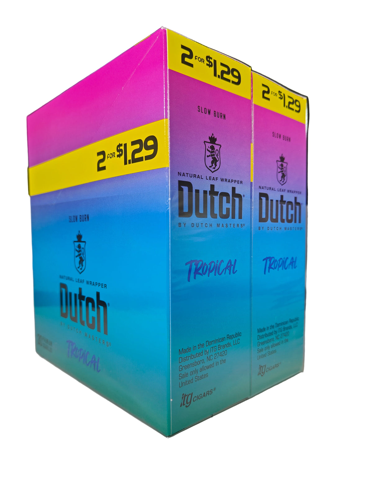Angled overhead view of the Dutch Masters Tropical cigarillos box in bright coral and orange. These slow-burning natural leaf cigarillos come in a wholesale 15-count box of 2-packs, ideal for retail counter displays.
