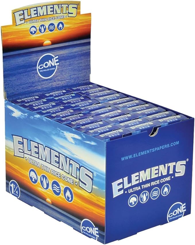 Angled overhead view of the Elements 1 1/4 size rice cones 30-count display box in blue. This fold-out cardboard dispenser holds ready-to-pack shells manufactured from pressed rice material and natural Acacia gum.
