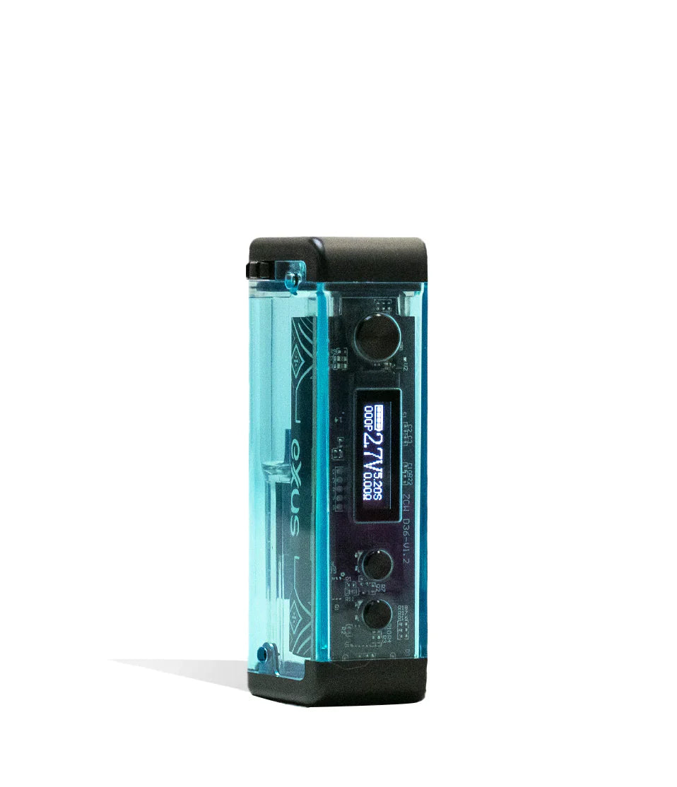 Front view of the Exxus Adapt Cartridge Vaporizer in teal. This transparent 510-threaded power supply features an adjustable cartridge chamber with manual dials to securely house larger 2-gram oil tanks.
