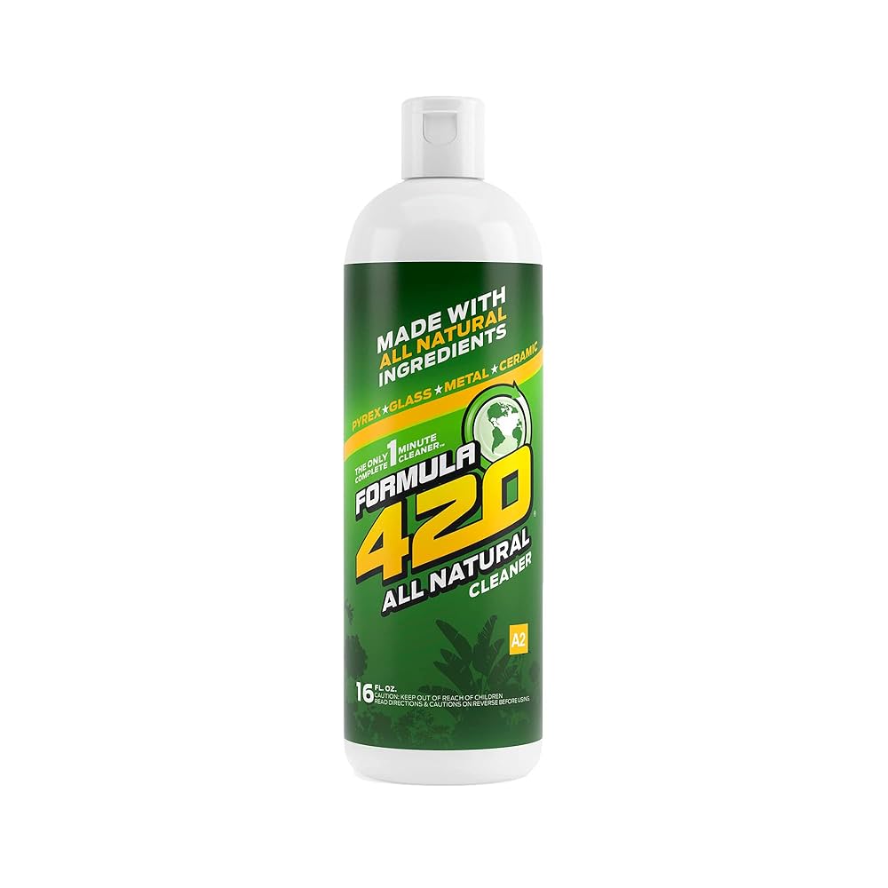 Front view of the Formula 420 All Natural Cleaner 16oz bottle in clear plastic with a vibrant green and white label. This eco-friendly, non-toxic cleaning solution utilizes patented AbrasivAction technology to instantly remove heavy resin buildup from glass and metal pipes without the need for soaking.