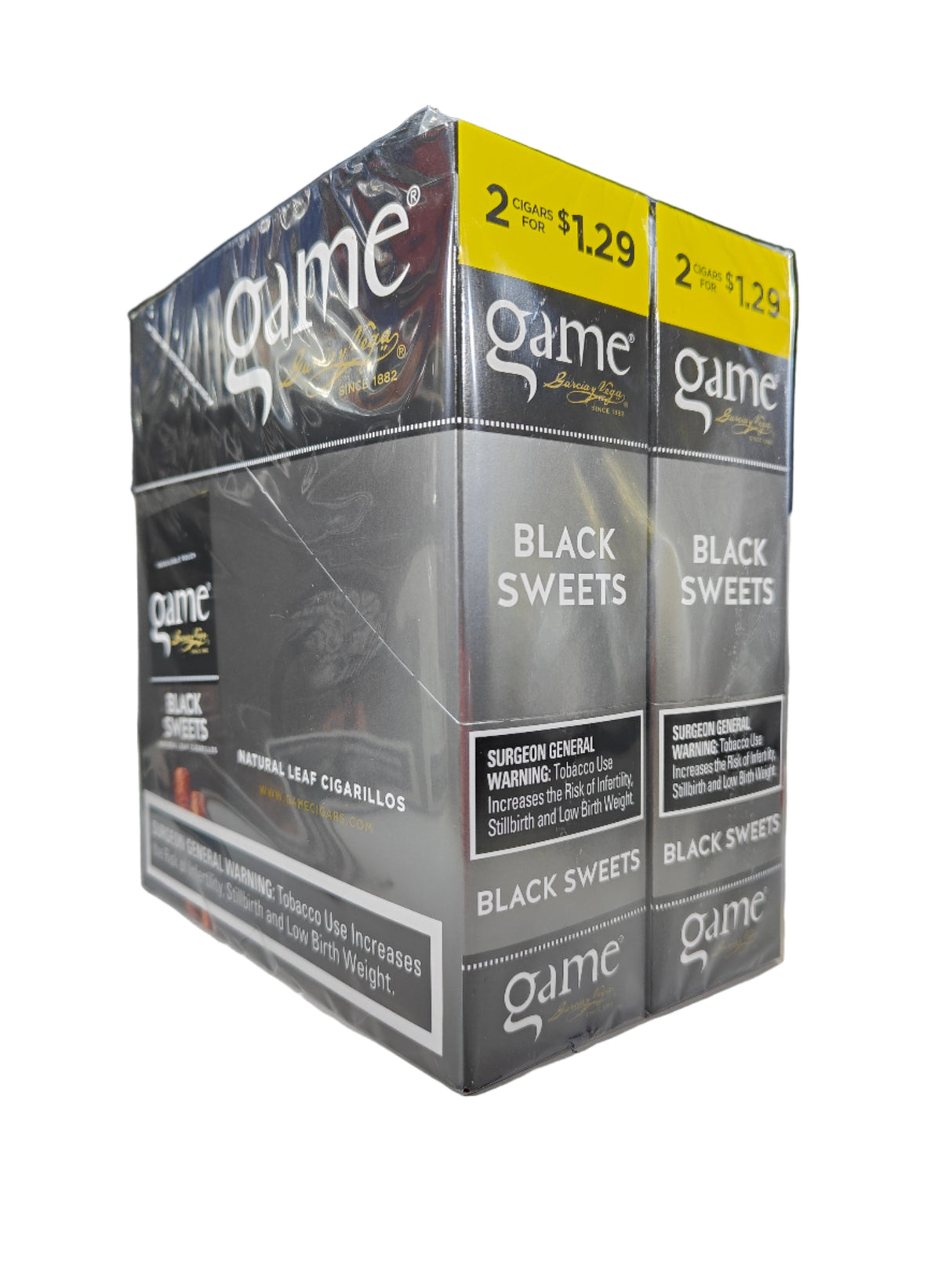 Angled view of the Game Black Sweets cigarillos box in dark black and brown. These natural leaf wrapper cigarillos come in a wholesale 15-count box of 2-packs, perfect for retail counter displays.