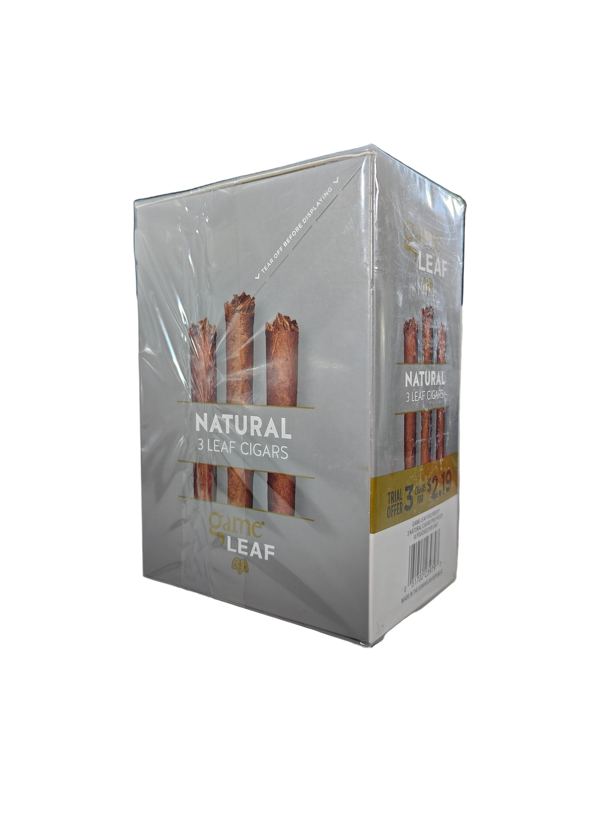 Front view of the Game Leaf Natural cigarillos box in dark brown and beige. These natural leaf wrapper cigarillos come in a wholesale 10-count box of 3-packs, perfect for retail counter displays.