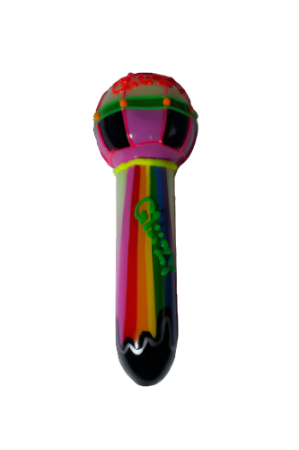 Front angled view of the 5-inch Glizzy Artistic Multi-Color Tube Pipe showcasing its vibrant pattern. This novelty hand pipe utilizes a high-density fired clay construction that serves as a rigid, heat-resistant barrier to actively dissipate thermal exhaust.