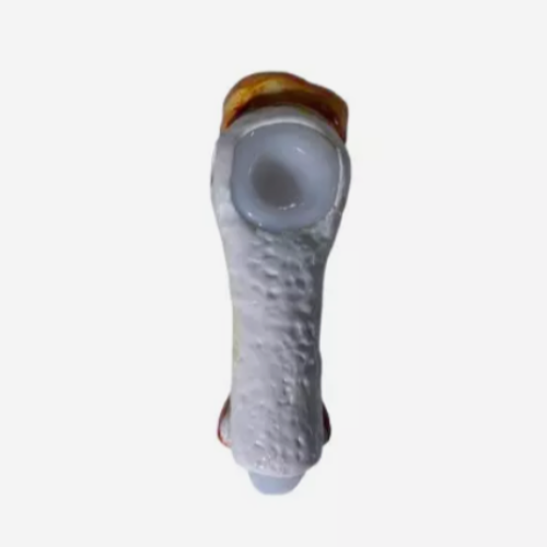 Front angled view of the 5-inch Glizzy Ceramic Tail Hand Pipe in. Designed to visually replicate a sculpted aquatic ocean tail, this novelty pipe features an integrated ceramic basin for processing unrefined botanical materials.