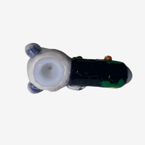 Alternate angled view of the 5-inch Glizzy Ceramic Wolf Hand Pipe in grey. Designed to visually replicate a poly-faceted canine predator, this novelty pipe features an integrated ceramic basin for processing unrefined botanical materials.