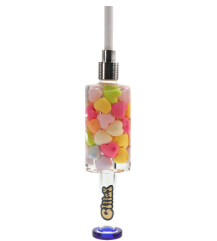 Front angled view of the Glizzy Syner Nectar Collector featuring a repeating heart pattern. This 6-inch glass dab straw features a thermal tip for directly vaporizing concentrates.
