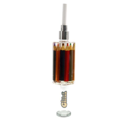 Angled overhead view of the Glizzy Syner Nectar Collector styled in yellow, pink, and grey to mimic a classic pencil. This 6-inch glass dab straw features a thermal tip for directly vaporizing concentrates.