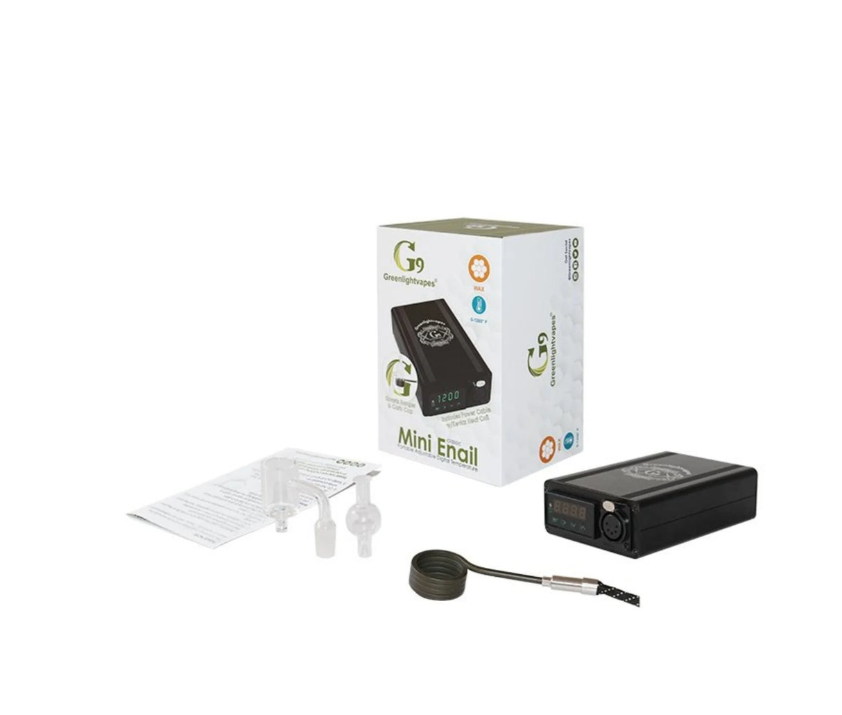 view of the main components of the G9 Vapes 25mm Mini Enail. A portable and consistent product for dabbing enthusiasts.