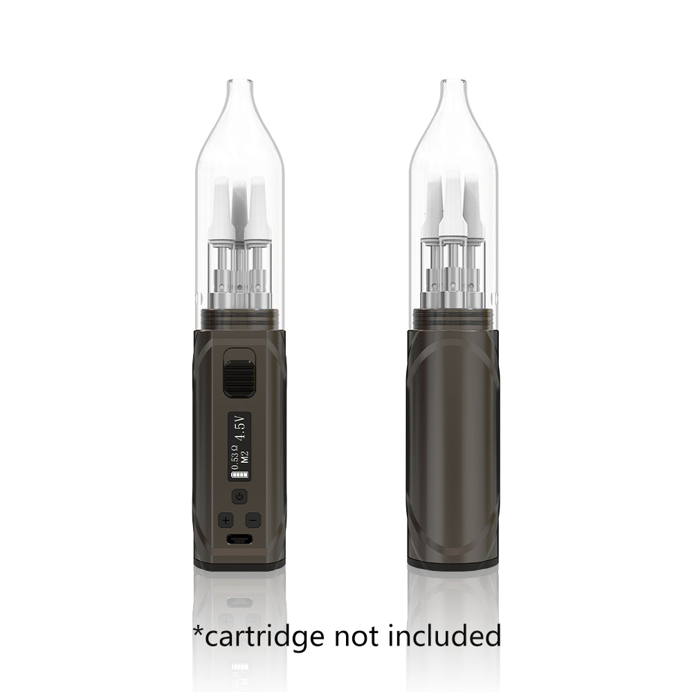 Front view of the Hamilton Devices Jetstream vaporizer in sleek gunmetal. This innovative box-style mod features a self-propelling air pump that automatically blows vapor out of the mouthpiece, completely eliminating the need to inhale.