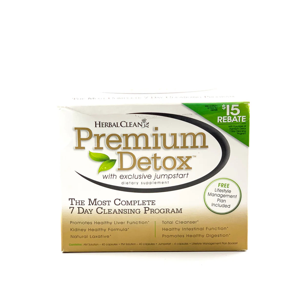 Front view of the Herbal Clean Premium Detox Capsules 2-Pack in metallic blue, white, and silver packaging. This rapid same-day cleanse utilizes a potent proprietary herbal blend to quickly flush toxins and impurities from your system.