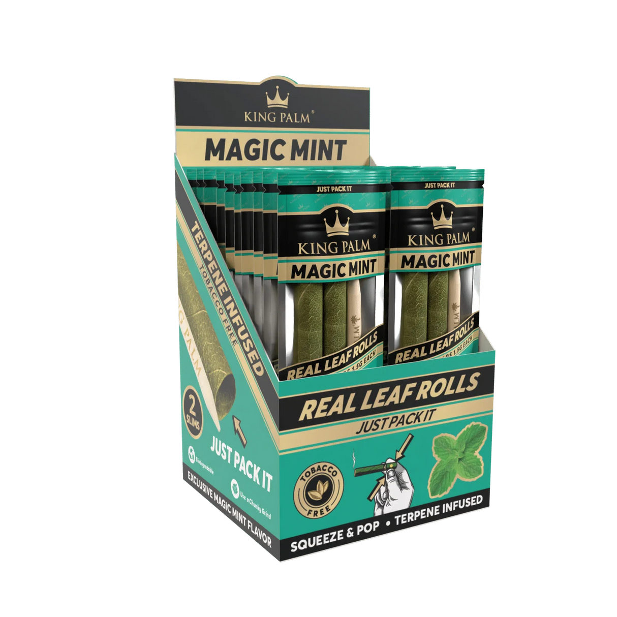 Front angled view of the King Palm Flavored Slim Rolls 20-count display box in bright cyan packaging. Hand-rolled from natural leaves, these tobacco-free slim cones feature a squeeze-and-pop terpene flavor bead in the filter for an enhanced smoking experience.