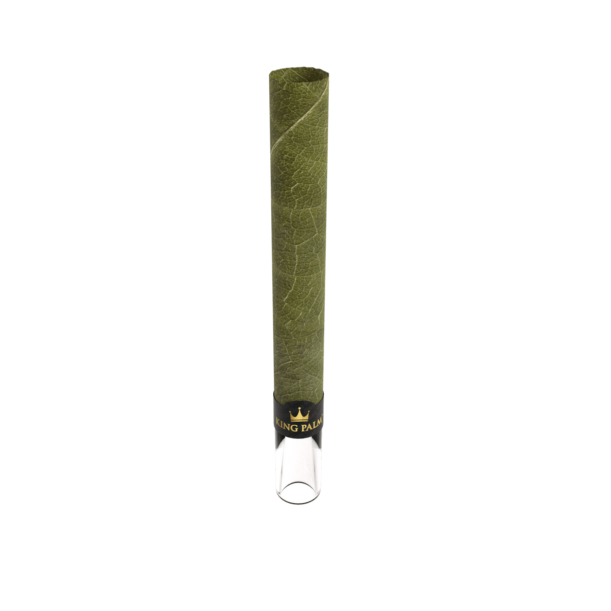 Profile view of a single King Palm Mini Cone featuring a natural green cordia leaf and a clear glass tip. This ready-to-pack, one-gram capacity leaf cylinder utilizes a pre-installed borosilicate glass mouthpiece that cools the draw and prevents compression.